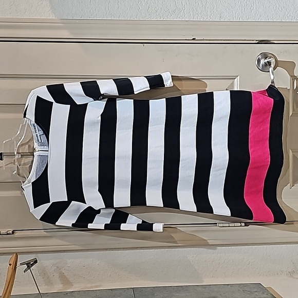 Almost Famous Dresses & Skirts - Almost Famous Black White Striped Midi Dress with Pink Band